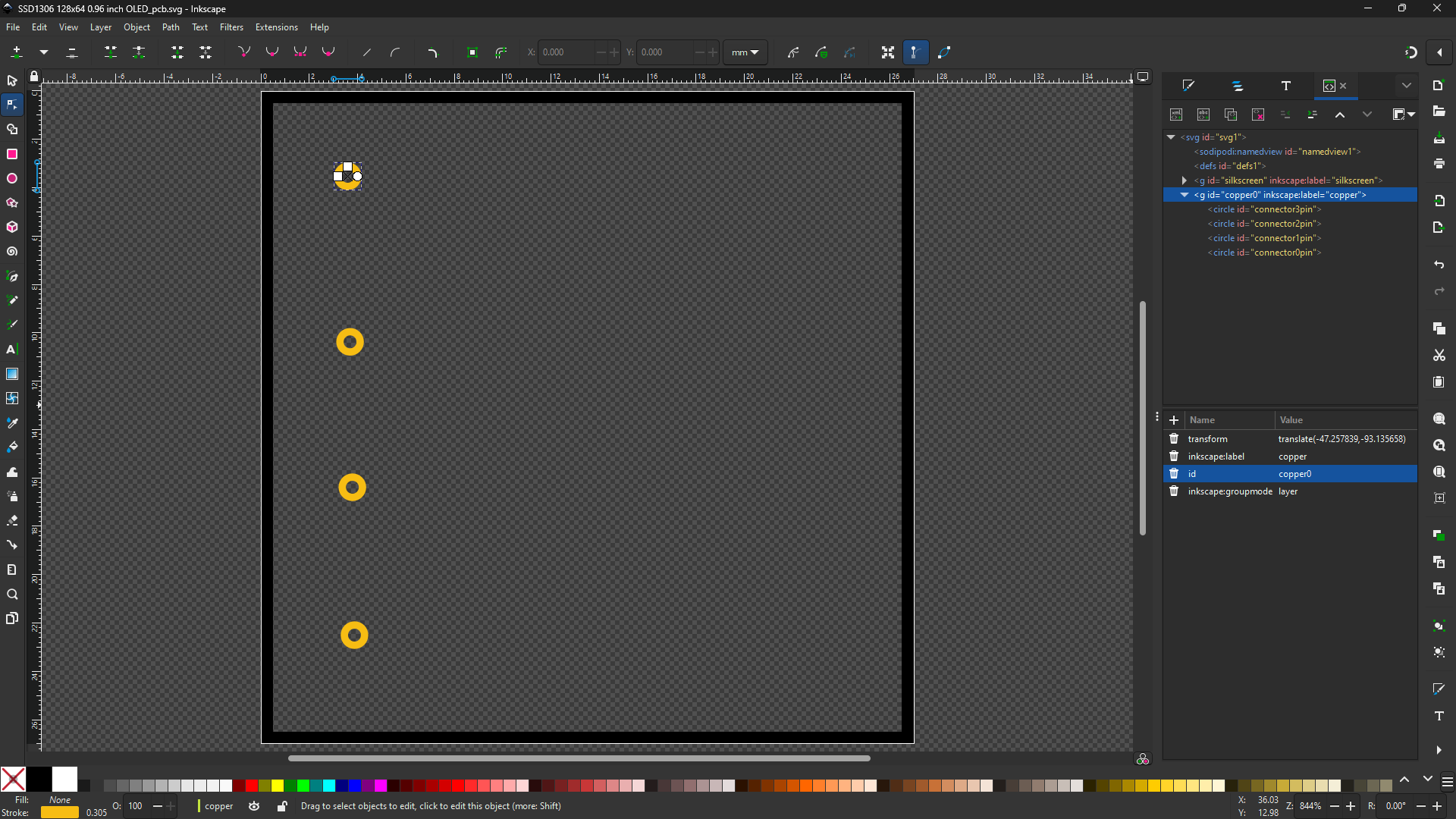 PCB view SSD1306 128x64 XML copper XLM editor view